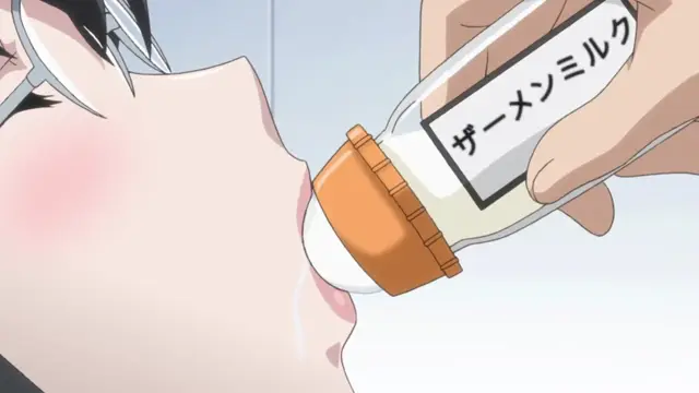 A close-up shot shows a blushing girl opening her mouth as a man's hand feeds her a white liquid from a bottle labeled "ザームenミルク" (Semen Milk). Screenshot from Euphoria - Episode 4