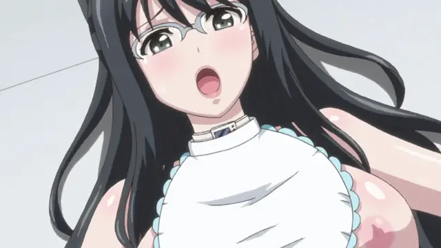 A blushing anime girl with long black hair and glasses wears a white dress and a choker collar while looking surprised with an open mouth. Screenshot from Euphoria - Episode 4