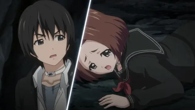 A young man with dark hair and a choker looks down with a concerned expression at a young woman lying on a dark, rocky ground in a school uniform. Screenshot from Euphoria - Episode 4