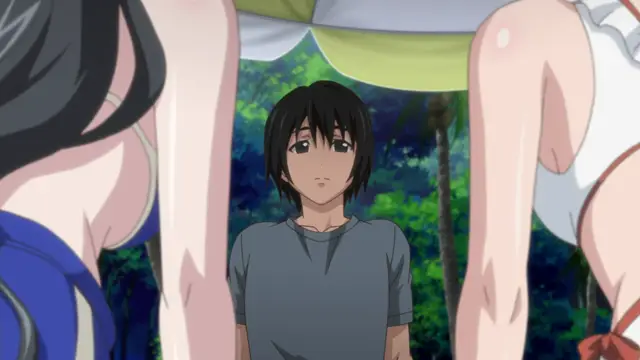 A young man with black hair and a grey t-shirt looks up with a stunned expression as he is surrounded by large women in bikinis. Screenshot from Euphoria - Episode 4