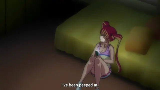 A girl with red hair and twin tails sits on the floor next to a bed, looking shocked and holding a phone with the subtitle "I've been peeped at." appearing at the bottom of the screen. Screenshot from Inshitsu Otaku ni Ikareru Kanojo - Episode 1