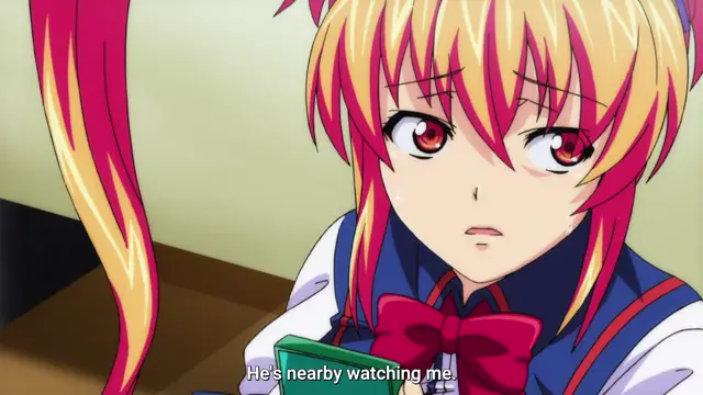 An anime girl with pink and yellow hair and a concerned expression sits in a school uniform, with subtitles at the bottom that read, "He's nearby watching me.". Screenshot from Inshitsu Otaku ni Ikareru Kanojo - Episode 1