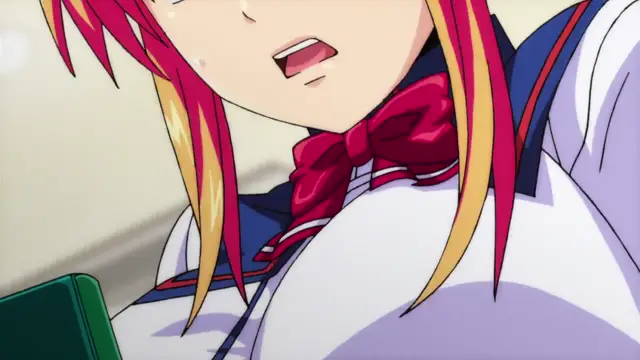 A close-up shot of an anime girl with pink and blonde hair wearing a school uniform and a red bow, with her mouth slightly open and a blush on her face. Screenshot from Inshitsu Otaku ni Ikareru Kanojo - Episode 1