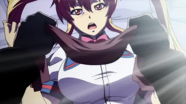 A shocked anime girl with long purple hair and a white uniform looks up with wide eyes as a man's hands grip her shoulders and his genitals press against her chest. Screenshot from Inshitsu Otaku ni Ikareru Kanojo - Episode 1