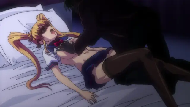 A blonde girl in a Japanese school uniform with her top pulled up lies on a bed while a man in a black suit leans over her, his hand reaching toward her torso. Screenshot from Inshitsu Otaku ni Ikareru Kanojo - Episode 1