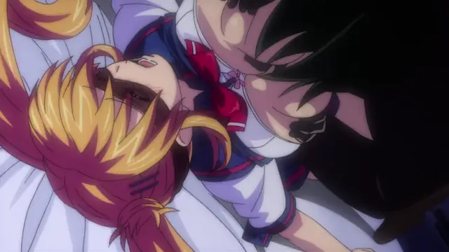 A high-angle shot from a hentai movie shows a blonde-haired girl in a school uniform lying on a bed while being fucked by a man with dark hair. Screenshot from Inshitsu Otaku ni Ikareru Kanojo - Episode 1