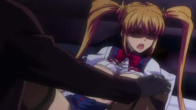 A blonde anime girl with twin tails and a school uniform lies on a bed, her breasts being squeezed by a person's gloved hand while she has an aroused expression. Screenshot from Inshitsu Otaku ni Ikareru Kanojo - Episode 1