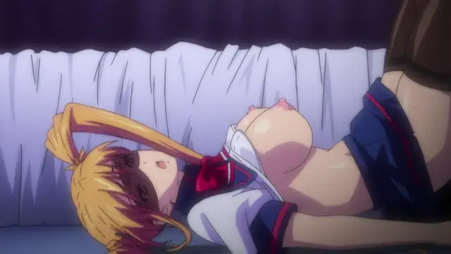 A girl in a sailor-style school uniform lies on her back against a white ruffled curtain, her blouse open to reveal her large breasts and nipples as she looks toward the viewer with a dazed expression. Screenshot from Inshitsu Otaku ni Ikareru Kanojo - Episode 1