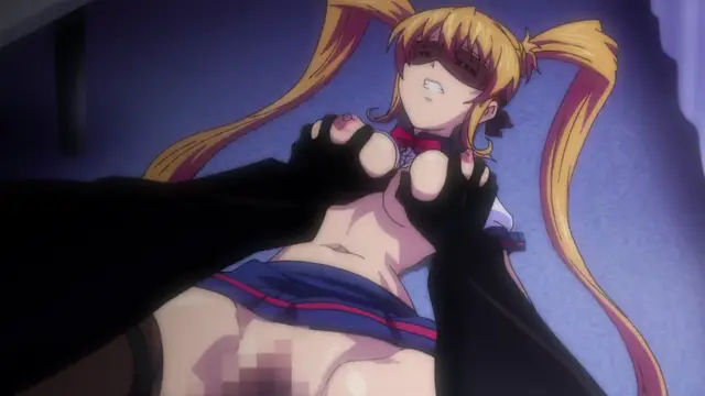 A blonde anime girl with twin tails is lying on a blue surface while being grabbed by the breasts by someone wearing black gloves. Screenshot from Inshitsu Otaku ni Ikareru Kanojo - Episode 1