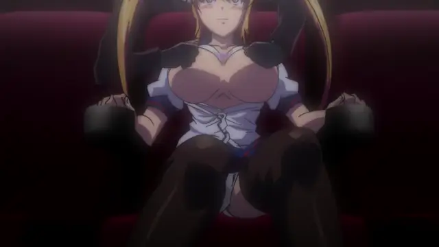 A blonde anime girl with red eyes sits on a red sofa, being grabbed by two dark, shadowy hands on her chest while she wears a white dress and black tights. Screenshot from Inshitsu Otaku ni Ikareru Kanojo - Episode 2