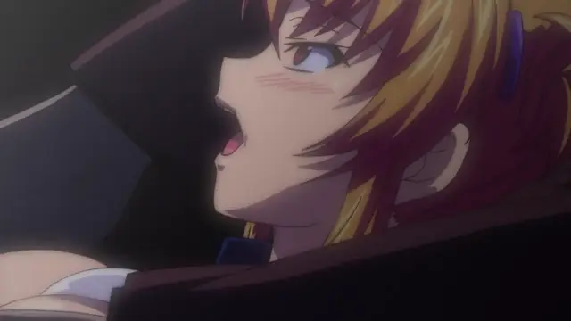 A close-up shot features a blushing anime girl with yellow hair and red eyes, her mouth slightly open as she looks toward someone off-screen in a dimly lit room. Screenshot from Inshitsu Otaku ni Ikareru Kanojo - Episode 2