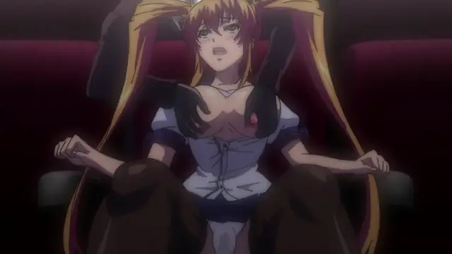 A blonde anime girl with pigtails sits on a theater seat with her mouth open and her legs spread, wearing a white dress with large black gloves and a small pink nipple. Screenshot from Inshitsu Otaku ni Ikareru Kanojo - Episode 2
