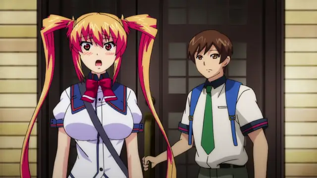 A shocked anime girl with long pigtails and a school uniform stands next to a worried male student in a hallway. Screenshot from Inshitsu Otaku ni Ikareru Kanojo - Episode 2