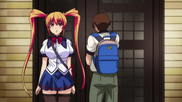 A schoolgirl with long blonde twin tails and a shocked expression stands in a hallway, looking at a boy with a blue backpack who is walking away from her. Screenshot from Inshitsu Otaku ni Ikareru Kanojo - Episode 2