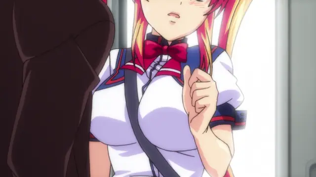 A blush-faced anime girl with long blonde hair and red highlights wears a school uniform with a red bow and a messenger bag while standing next to a man in a suit. Screenshot from Inshitsu Otaku ni Ikareru Kanojo - Episode 2