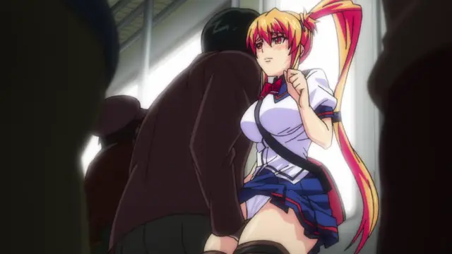 A blonde anime girl in a school uniform stands close to a man in a suit in a crowded train station, looking over her shoulder with a shocked and blushing expression. Screenshot from Inshitsu Otaku ni Ikareru Kanojo - Episode 2