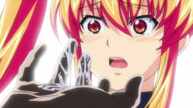 A blonde girl with pink highlights and blushing cheeks looks down in shock at a large, robotic hand holding several clear, jelly-like cubes. Screenshot from Inshitsu Otaku ni Ikareru Kanojo - Episode 2