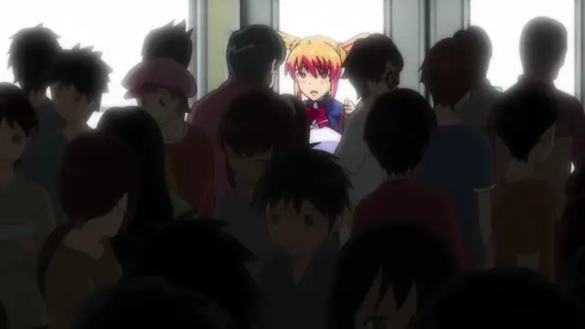 A crowd of high school students in a classroom-like setting surrounds a crying girl with blonde hair and red eyes wearing a sailor uniform. Screenshot from Inshitsu Otaku ni Ikareru Kanojo - Episode 2