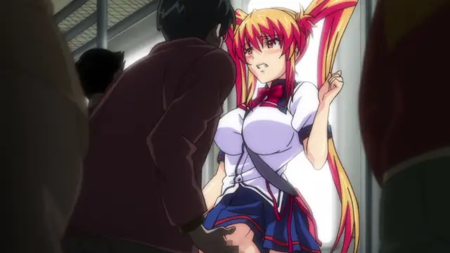 A red-haired schoolgirl with large breasts and a surprised expression is cornered in a hallway by a group of men, one of whom is standing close behind her with his hand on her crotch. Screenshot from Inshitsu Otaku ni Ikareru Kanojo - Episode 2