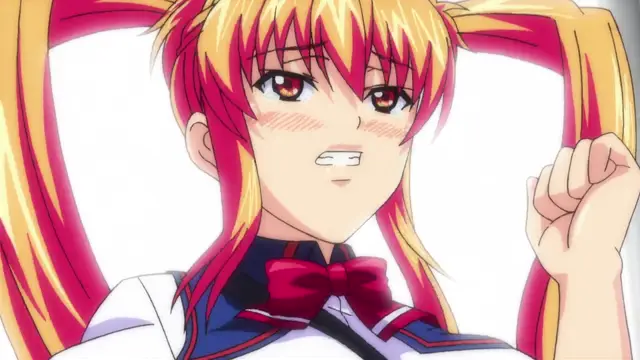 A blonde girl with red highlights in her hair and pigtails wears a school uniform and a red bow, blushing with a shocked expression and clenched fist. Screenshot from Inshitsu Otaku ni Ikareru Kanojo - Episode 2