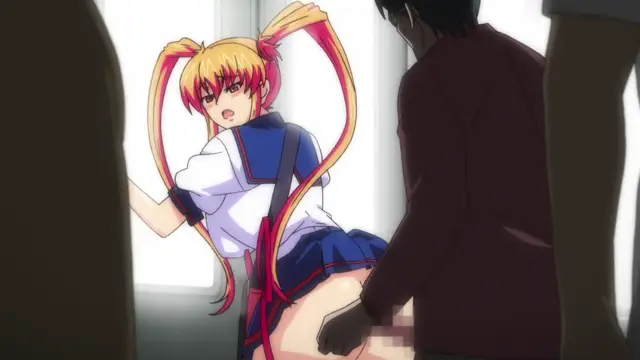 A blonde girl in a Japanese school uniform with long twin tails is shown from a low angle, looking surprised as she is being penetrated from behind by a man in a maroon jacket. Screenshot from Inshitsu Otaku ni Ikareru Kanojo - Episode 2