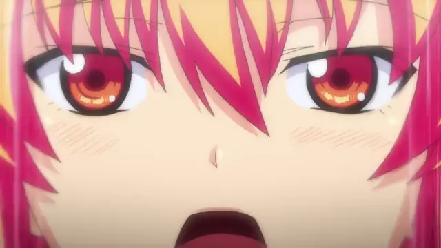 A close-up shot shows an anime girl with pink and orange hair and wide, red eyes with a shocked expression and an open mouth. Screenshot from Inshitsu Otaku ni Ikareru Kanojo - Episode 3