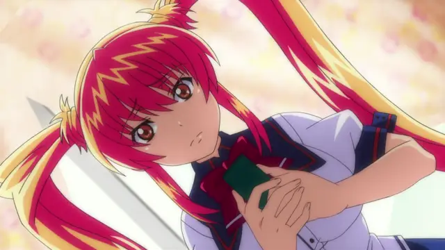 A close-up anime screenshot of a red-haired schoolgirl in a sailor-style uniform holding a green smartphone and looking towards the viewer with a surprised expression. Screenshot from Inshitsu Otaku ni Ikareru Kanojo - Episode 3