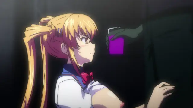 A blonde anime girl in a school uniform with a surprised expression looks up at a mysterious figure whose hand is holding out a glowing purple cube in a dark room. Screenshot from Inshitsu Otaku ni Ikareru Kanojo - Episode 3