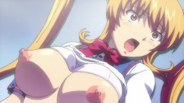 A shocked blonde anime girl with a surprised expression sits on the floor, her school uniform open to reveal her large breasts and nipples. Screenshot from Inshitsu Otaku ni Ikareru Kanojo - Episode 3