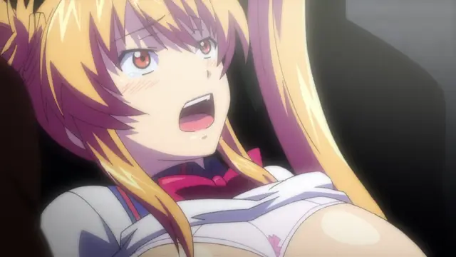 A blonde anime girl with long twin tails and blushing cheeks looks surprised with her mouth open while wearing a white school uniform with a red bow. Screenshot from Inshitsu Otaku ni Ikareru Kanojo - Episode 3