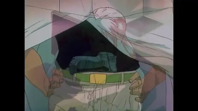 A close-up shot of an anime woman with pink hair and a panicked expression sitting on a table, with her clothes pulled back to reveal her crotch area and a large penis protruding from her pants. Screenshot from Imma Youjo: The Erotic Temptress - Episode 1