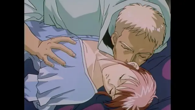 A man with short blonde hair leans over a woman with long pink hair, pressing his face against hers while she lies on her back with her eyes closed. Screenshot from Imma Youjo: The Erotic Temptress - Episode 1