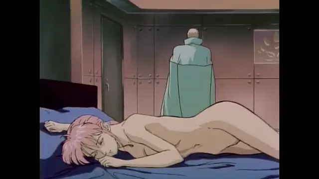 A naked woman with pink hair lies sleeping on a blue bed while a man stands in the background, partially covered by a green cloth. Screenshot from Imma Youjo: The Erotic Temptress - Episode 1