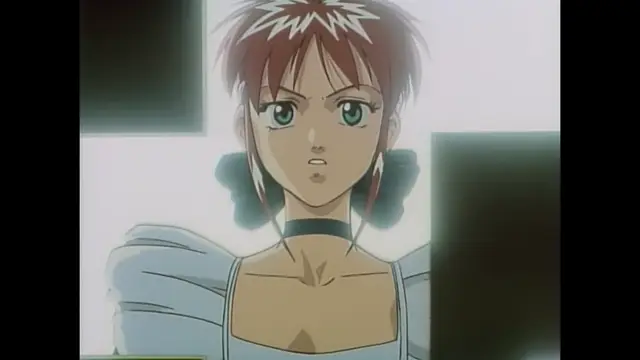 An anime girl with short red hair and a choker necklace looks forward with a neutral expression, wearing a light blue dress with puffy sleeves. Screenshot from Imma Youjo: The Erotic Temptress - Episode 1