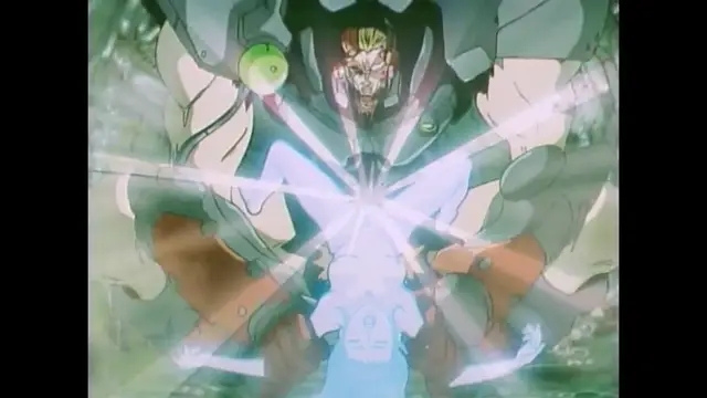 A large, armored robot stands over a smaller, glowing blue figure as a bright flash of light explodes between them. Screenshot from Imma Youjo: The Erotic Temptress - Episode 1