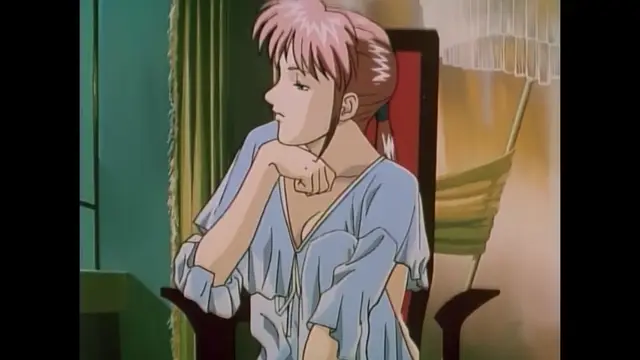A pensive woman with pink hair sits in a chair, resting her chin on her hand while wearing a light blue ruffled blouse. Screenshot from Imma Youjo: The Erotic Temptress - Episode 1
