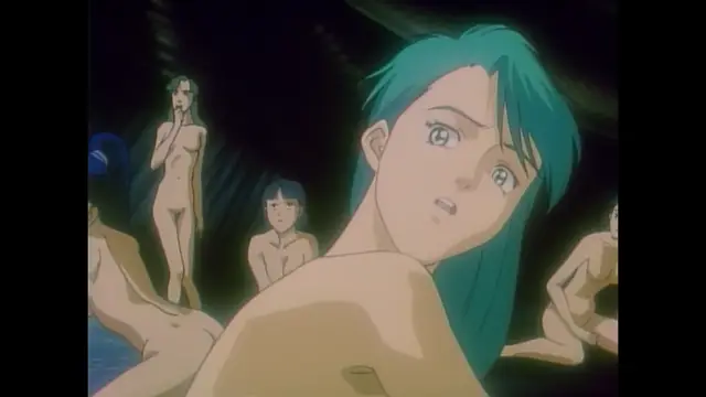 A group of nude anime characters, including a prominent woman with long teal hair and a surprised expression, are gathered in a dark, cave-like setting with glowing lights. Screenshot from Imma Youjo: The Erotic Temptress - Episode 1