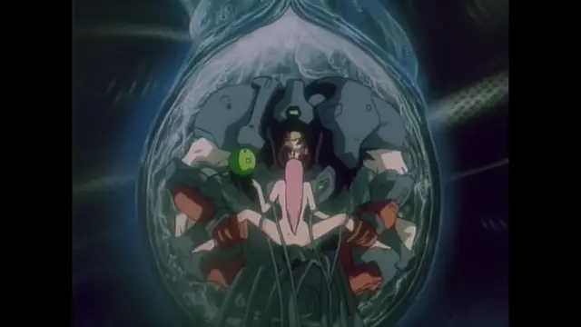A woman with long hair sits inside a large, translucent liquid-filled pod while her long tongue protrudes from her mouth. Screenshot from Imma Youjo: The Erotic Temptress - Episode 1