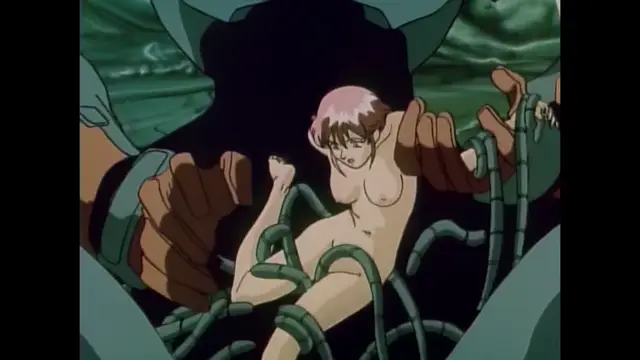 A nude anime girl with pink hair is trapped in a dark machine-like structure, bound by multiple green and black tubes as large mechanical hands hold her. Screenshot from Imma Youjo: The Erotic Temptress - Episode 1