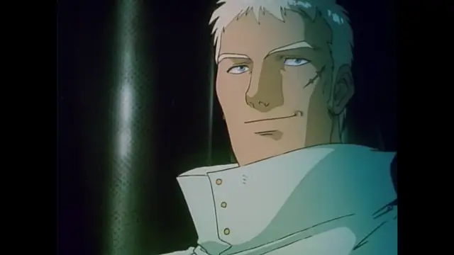 A close-up shot of a white-haired male anime character with a smirk, wearing a white high-collared uniform. Screenshot from Imma Youjo: The Erotic Temptress - Episode 1