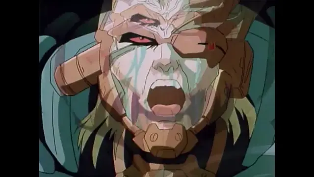 A close-up, distressed shot of an armored character with a cybernetic faceplate and glowing red eyes, showing a wide-mouthed expression of pain or shock amidst a shower of liquid. Screenshot from Imma Youjo: The Erotic Temptress - Episode 1