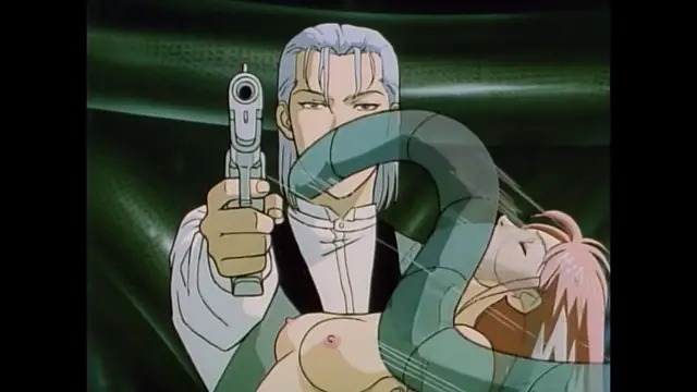 A long-haired man in a white and black outfit holds a handgun pointed forward while a pink-haired woman lies on a green textured surface in front of him, her breast exposed. Screenshot from Imma Youjo: The Erotic Temptress - Episode 1