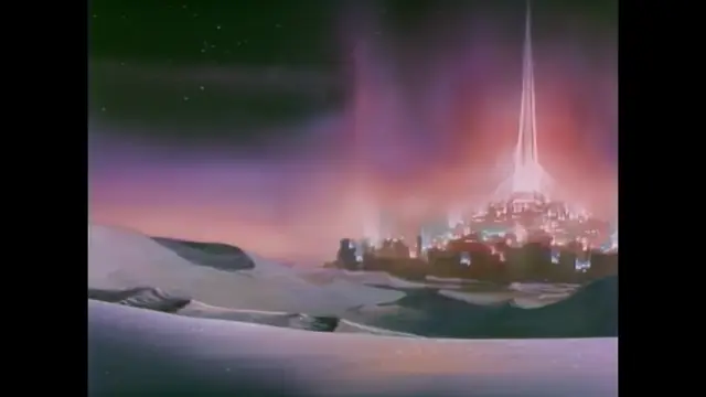 A wide cinematic shot shows a futuristic city with a towering spire glowing against a night sky filled with aurora borealis and stars, overlooking a snow-covered landscape. Screenshot from Imma Youjo: The Erotic Temptress - Episode 1
