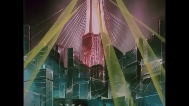 A futuristic cityscape with tall skyscrapers is illuminated by multiple yellow and white beams of light converging on a central tall building. Screenshot from Imma Youjo: The Erotic Temptress - Episode 1