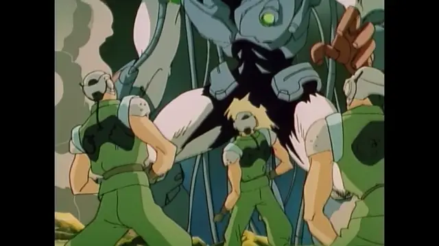 A large robotic mech stands over a girl who is being bound and penetrated by multiple figures in green uniforms while subtitles read "Where is the power of the gods?". Screenshot from Imma Youjo: The Erotic Temptress - Episode 1