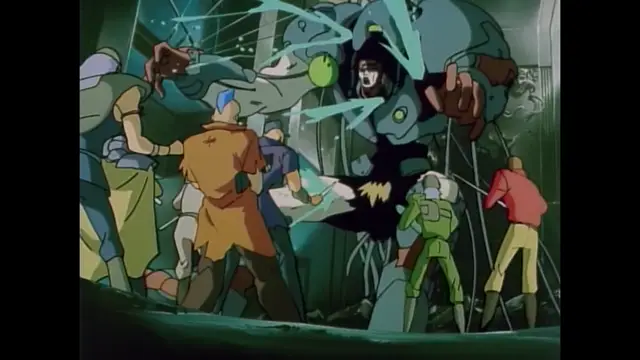 A group of people, including a tall man in a brown coat and a woman in a green suit, stand in a dimly lit room as a large, armored figure in black and teal armor shatters a glass wall behind them. Screenshot from Imma Youjo: The Erotic Temptress - Episode 1