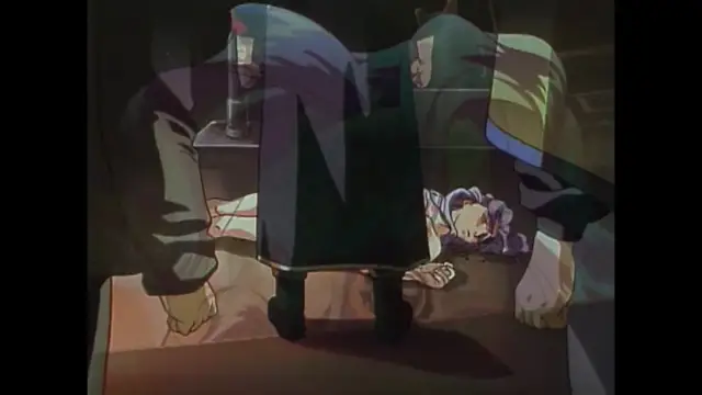 A girl with purple hair is lying on a bed while being gangbanged by three men in a dark room. Screenshot from Imma Youjo: The Erotic Temptress - Episode 2