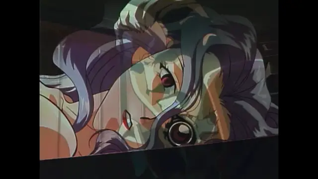 A close-up shot of a long-haired anime woman with a dazed expression lying on a surface, featuring a heavy mechanical eye on her cheek. Screenshot from Imma Youjo: The Erotic Temptress - Episode 2