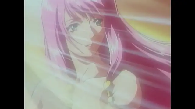 A close-up of a long-haired pink-haired woman with a sensual expression looking at the camera against a warm, glowing background. Screenshot from Imma Youjo: The Erotic Temptress - Episode 2