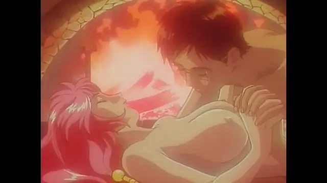 A man with glasses leans over a naked pink-haired woman, holding her chest while they are positioned in front of a cave opening with a glowing orange light. Screenshot from Imma Youjo: The Erotic Temptress - Episode 2